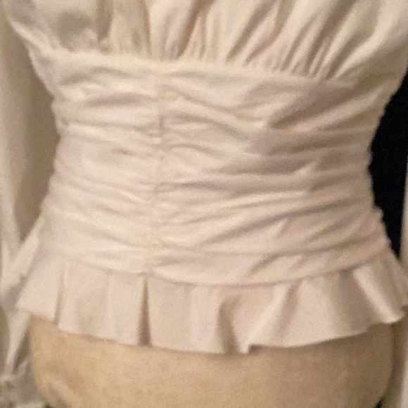 PER SE white, long sleeves, button down, gather pleated waist, elegant shirt # 6 - Picture 7 of 10